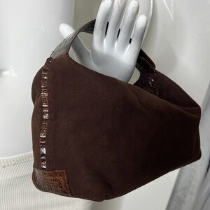 Nancy Gonzalez Brown Suede and Crocodile Zip-top Pochette Handbag
